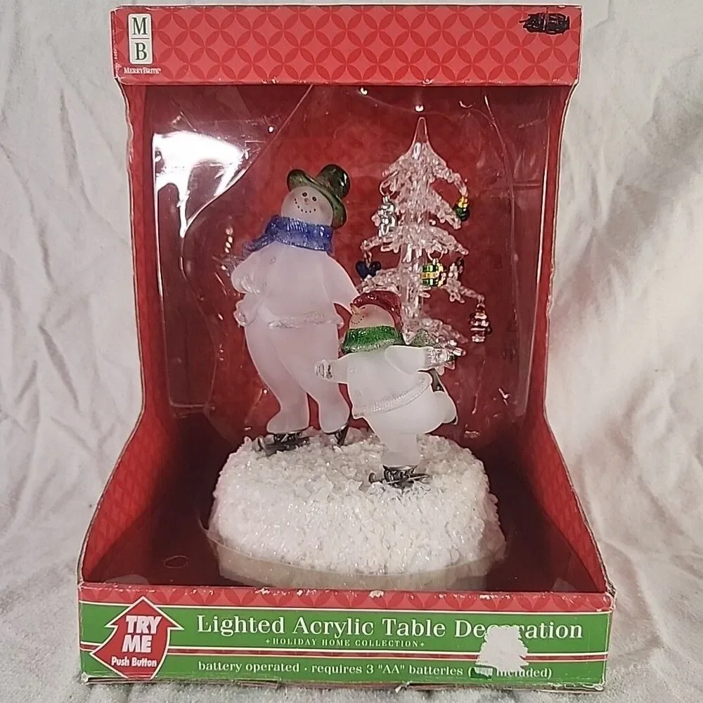 Skating Snowmen  By Christmas Tree Acrylic Lights Up 10” Merrybrite 2004 In Box